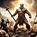 **

Ancient battlefield scene. Gods and Giants clashing. Gran Kain and Shilen depicted as powerful figures amidst chaos. Emphasis on destruction and divine energy.

**