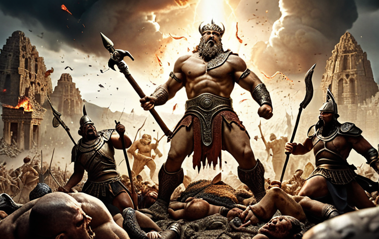 **
Ancient battlefield scene. Gods and Giants clashing. Gran Kain and Shilen depicted as powerful figures amidst chaos. Emphasis on destruction and divine energy.
**